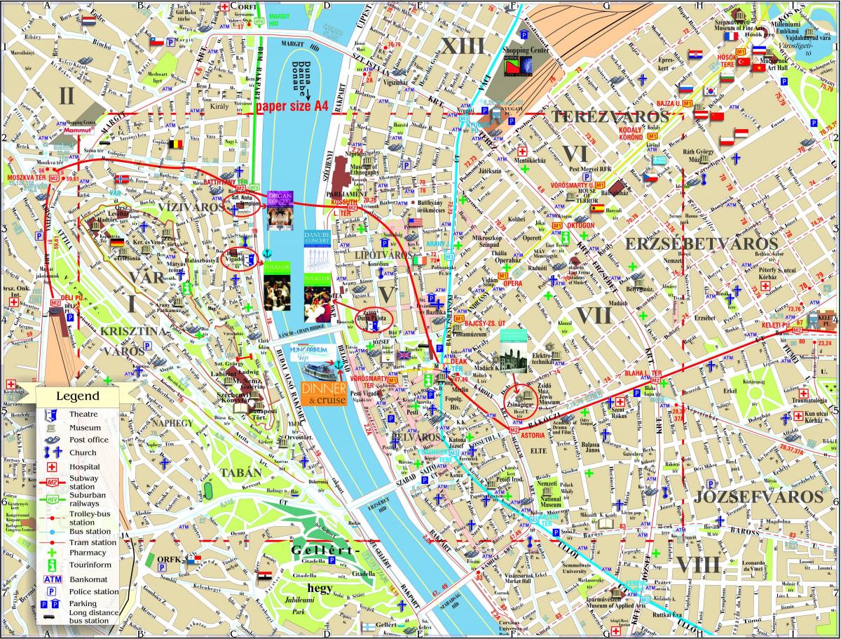 budapest stad kaart met toerisme-aantreklikhede
